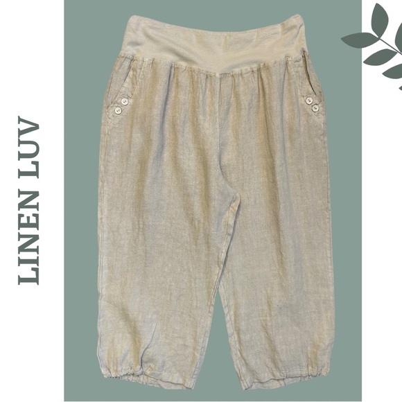 Linen Luv Cropped Pant Elastic Knit Waist front Button Detail Pockets Natural - Picture 2 of 8